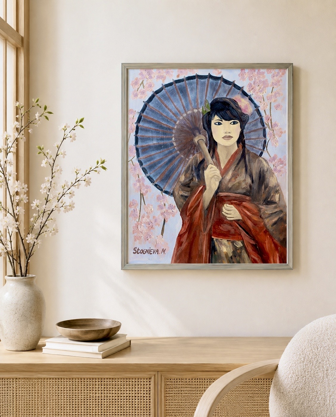 Japanese Girl in a Cherry Garden displayed in an interior